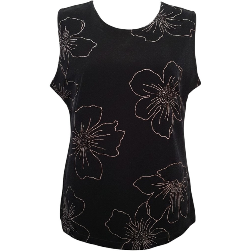 Ninety Womens Black Pink Glitter Floral Sleeveless Tank Top Medium 317417